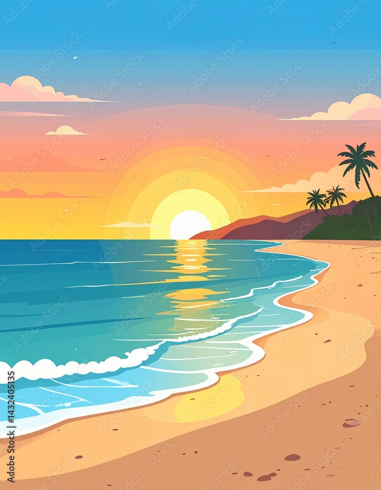 Fototapeta premium sunset on the beach illustration flat art design