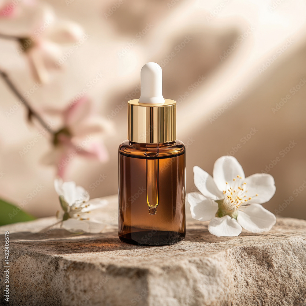 close up shot of translucent serum bottle placed on stone surface, surrounded by delicate flowers, creating serene and natural atmosphere. warm tones and soft lighting enhance beauty of product close up shot of translucent serum bottle placed on stone surface, surrounded by delicate flowers, creating serene and natural atmosphere. warm tones and soft lighting enhance beauty of product