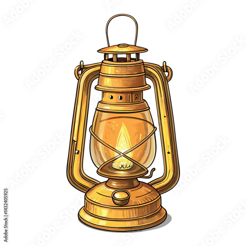 A detailed close-up of a vintage kerosene lamp, "lampu petromak," softly glowing in the dark, showcasing its intricate metalwork and glass chimney.