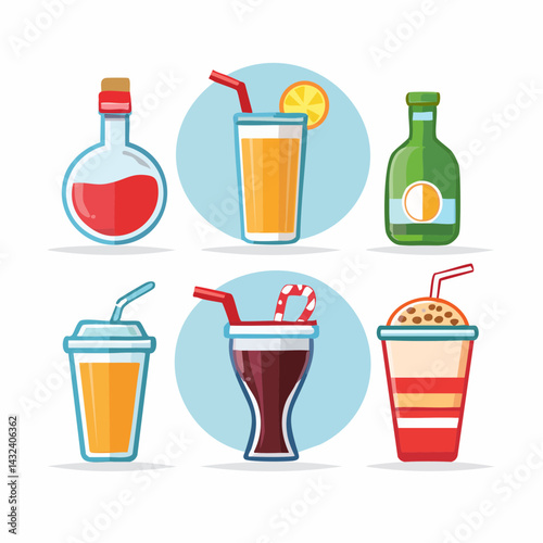 Set of vector icons representing various drinks and beverages including soda and cocktails