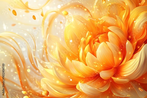 Golden flower close-up on white background with sparkles; great for banners, cards, and invitations