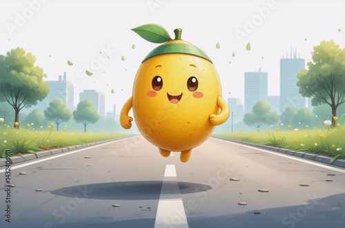 A cheerful, cartoon lemon with a leaf cap joyfully floats above a city road, surrounded by spring greenery.  The sunlit scene evokes a sense of adventure and freshness.