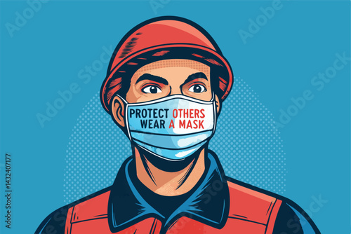 A masked individual, emphasizing COVID-19 prevention, with clear text overlay "Protect Others, Wear a Mask".  Image should promote public health.