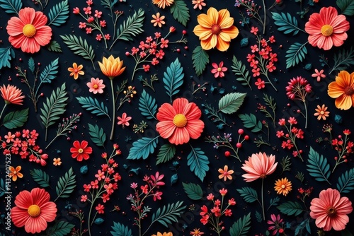 Intricate charcoal small floral repeat pattern for diverse applications , art, surface