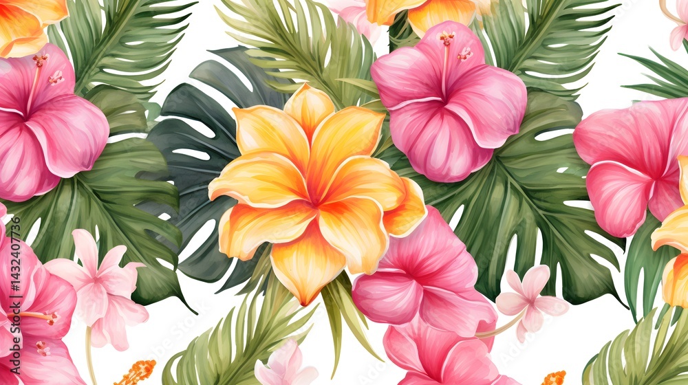 Tropical Seamless Pattern with Pink Plumeria, Pineapple, and Coconut - Vibrant Summer Design Tropical Seamless Pattern with Pink Plumeria, Pineapple, and Coconut - Vibrant Summer Design