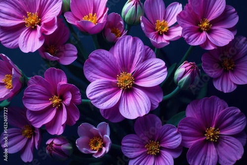 Intricate purple flower arrangement, rich textures , botanical composition, foliage, lush