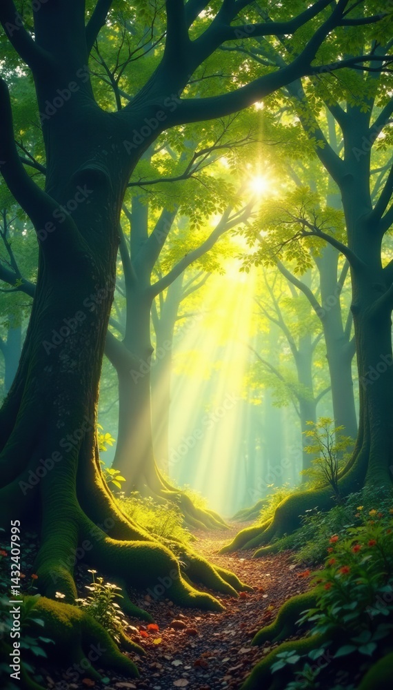 Fototapeta premium Musical forest, arching branches Soft light filters through , nature, symphony