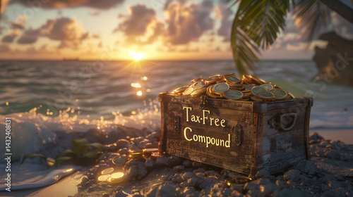 Treasure Chest of Tax-Free Compound Interest on Tropical Beach at Sunset – Hyper-Realistic