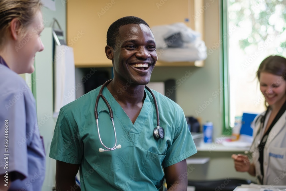 A staff room with a few medical workers chatting and laughing. A doctor takes a moment to enjoy their break, smiling. The mood is lighthearted and friendly