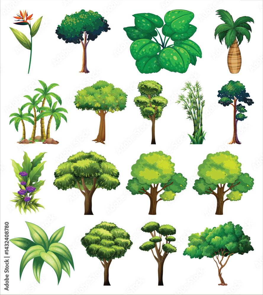 Fototapeta premium Cartoon forest diversity varied flora assortment