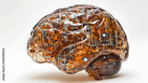 2. Concept of an open-source robot's brain with transparent circuits and flowing code representing human-like intelligence
