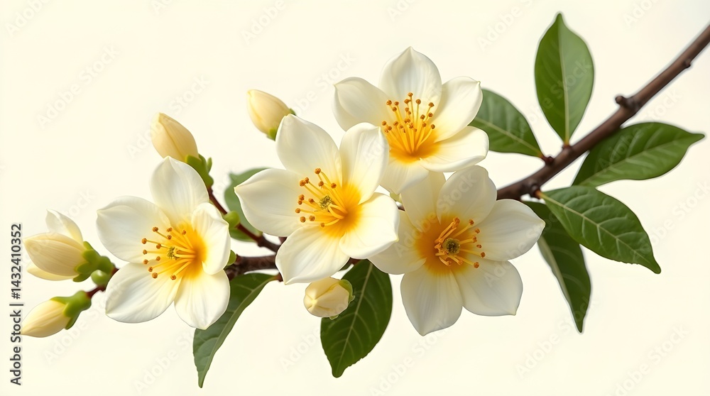 Fototapeta premium The neroli flower. Citrous blossoms. Isolated transparent png of a group of white flowers and buds on an orange tree.