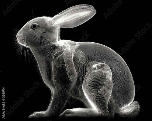 x-ray silhouette An anatomical illustration of a rabbit showcasing its skeletal structure, revealing the intricate design of its body.