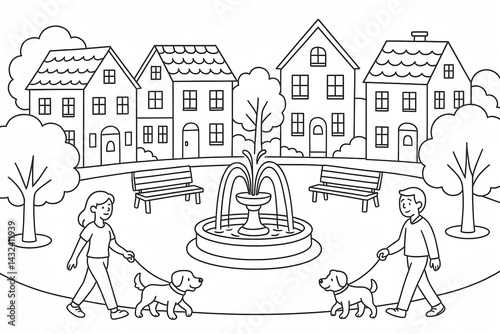 Coloring page of a charming town square with children walking dogs and a fountain