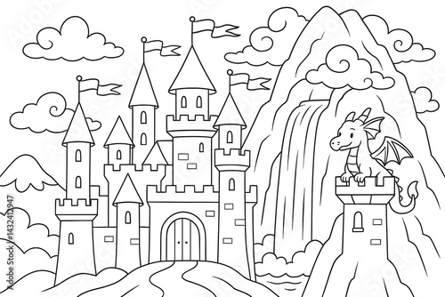 Castle and Dragon Coloring Page for Kids