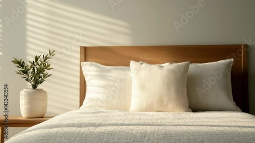 Cozy bedroom interior with wooden bed frame, soft pillows, and light quilt, enhanced by stylish plant and gentle sunlight casting shadows across wall.