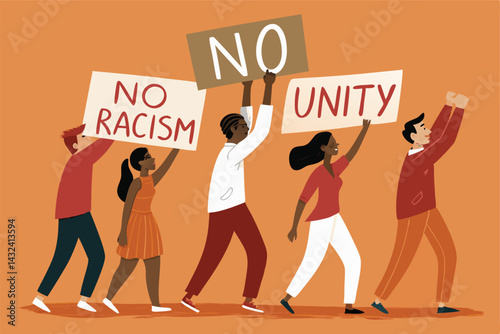 A powerful image depicting a diverse group of people forming a human chain, holding signs that unequivocally declare "No Racism."  Focus on expressions of unity and peaceful protest.