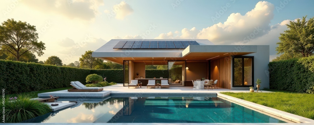 Fototapeta premium Sleek modern home, sun-drenched patio, solar panels, eco-friendly, living, renewable energy