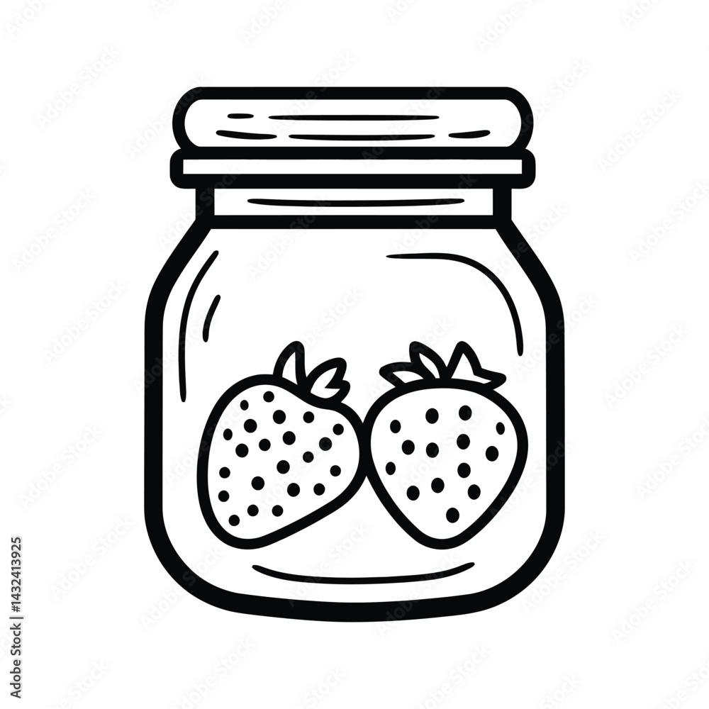 Strawberry Jam Jar in Black and White Outline Style on Transparent BG Strawberry Jam Jar in Black and White Outline Style on Transparent BG