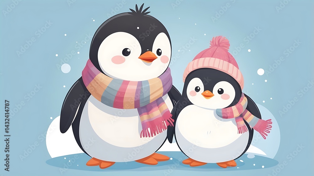 Fototapeta premium Round, fluffy penguin wearing a tiny scarf, winter theme, kawaii vector art