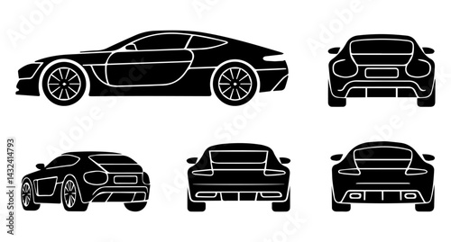 A silhouette black and white car icon set on white background