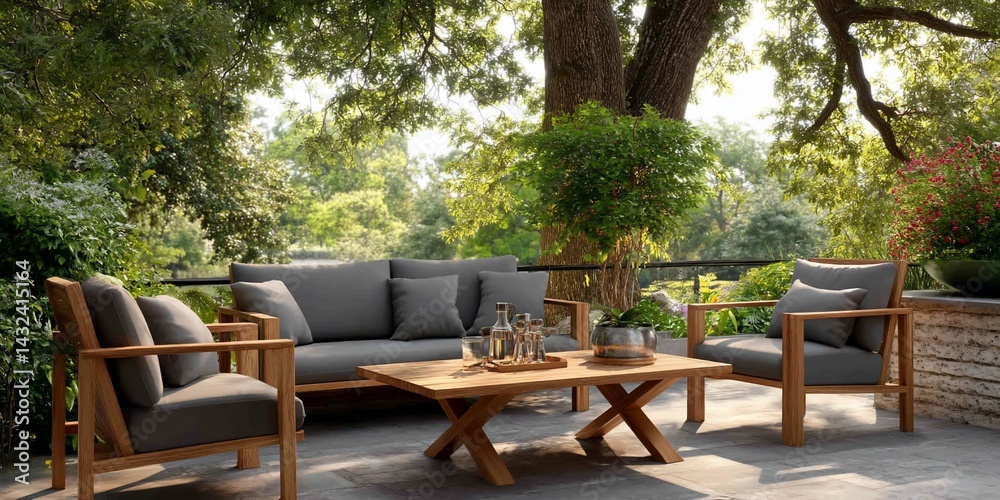 Obraz premium Outdoor patio furniture set with gray cushions under a lush tree canopy