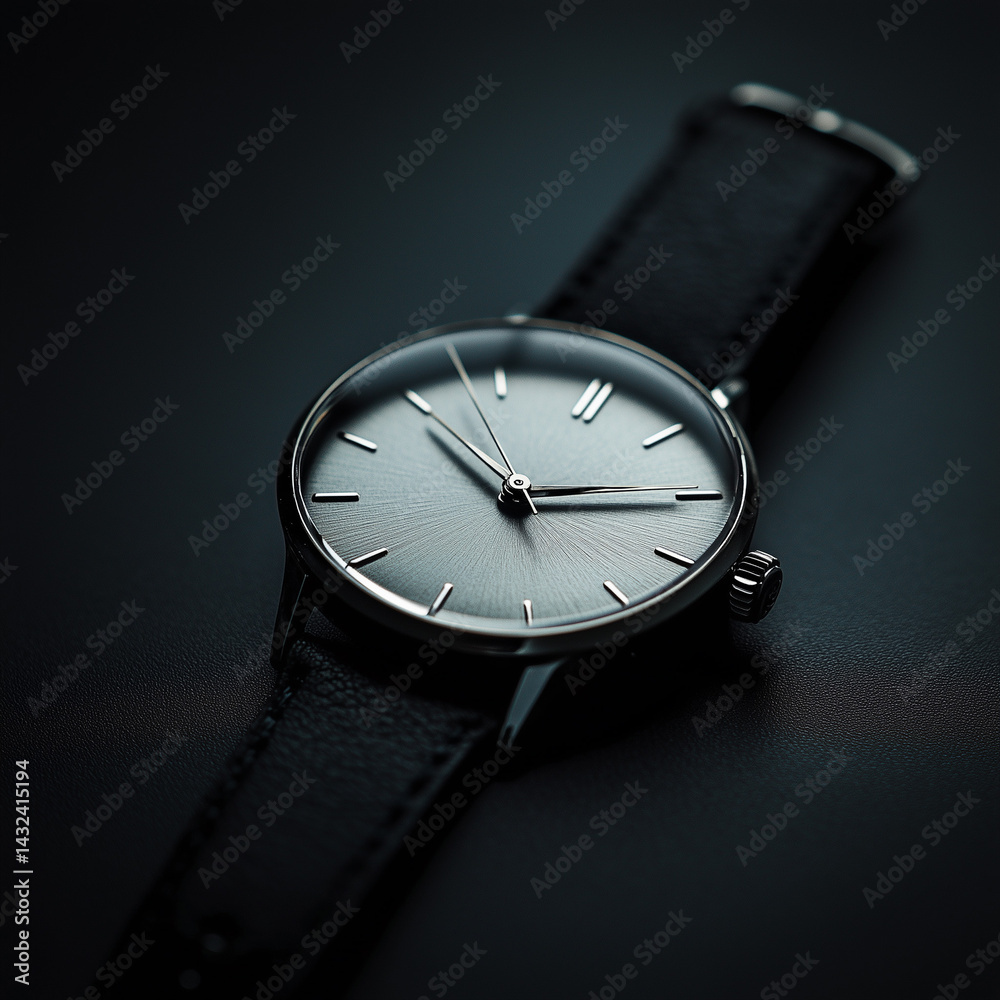 custom made wallpaper toronto digitalA close-up shot of a wristwatch with a silver face and black leather strap. The watch rests on a dark, textured surface. 