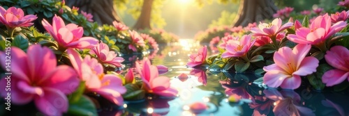 Petal clouds drift over nectar rivers, vibrant blooms abound , flora, whimsical