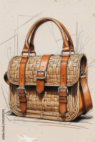 Small square summer women’s bag woven from straw with leather handles