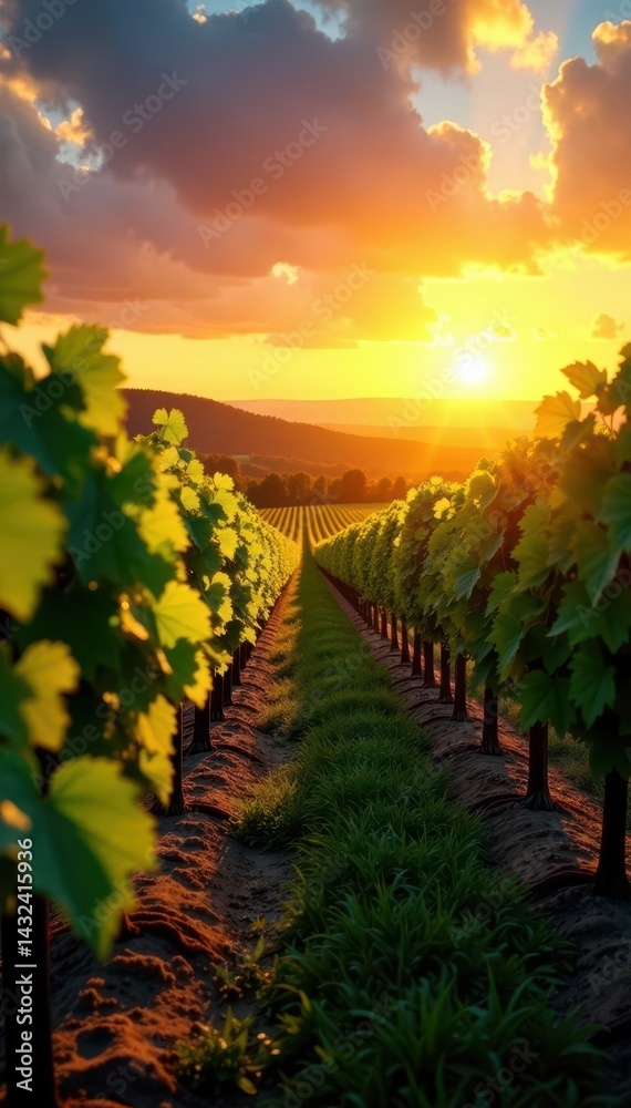 Fototapeta premium Serene vineyard sunset, golden light bathes rows of grapes , majestic, breathtaking