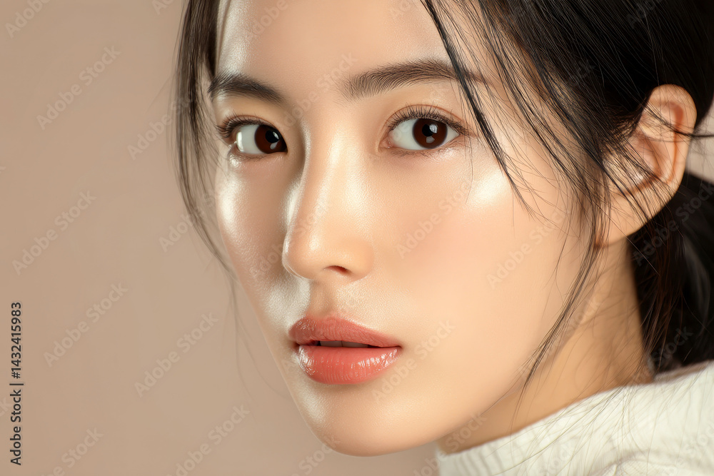 Fototapeta premium beautiful Asian model with black hair, a clean and healthy skin tone, full lips, perfect makeup, light brown eyes.