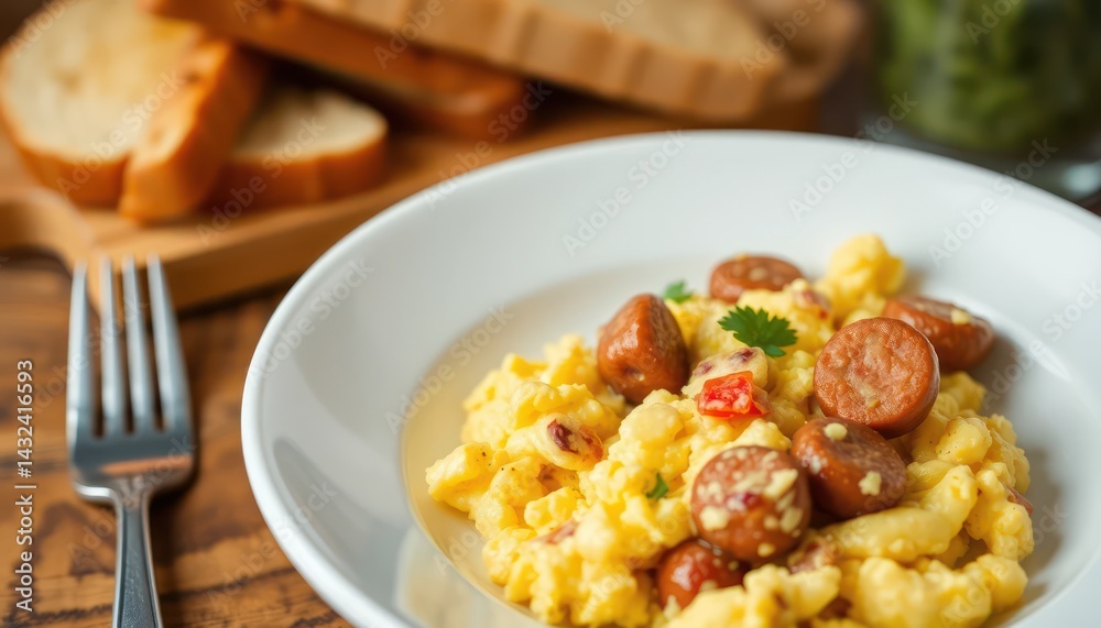 Scrambled eggs with sausage and toast (3) Scrambled eggs with sausage and toast (3)