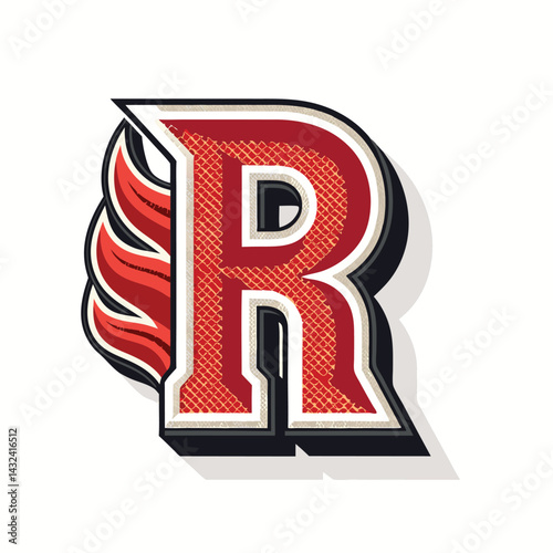 Design a classic varsity "R" logo with vibrant flame shadows, bold strokes, and a retro feel.  Maintain a clean, readable design.