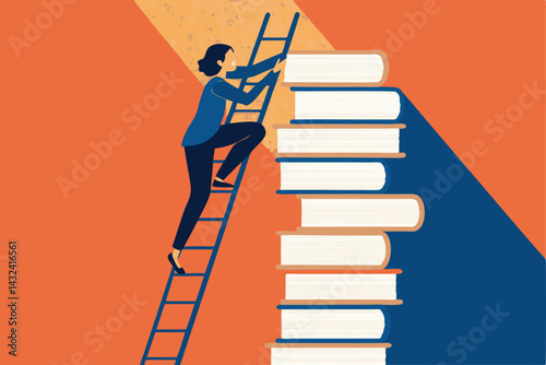 A person ambitiously ascends a ladder crafted from stacked books, symbolizing educational achievement and the pursuit of knowledge.