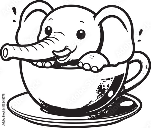 Cartoon Elephant Hiding Inside a Giant Teacup – Only Trunk and Ears Sticking Out in Cute Black and White Style