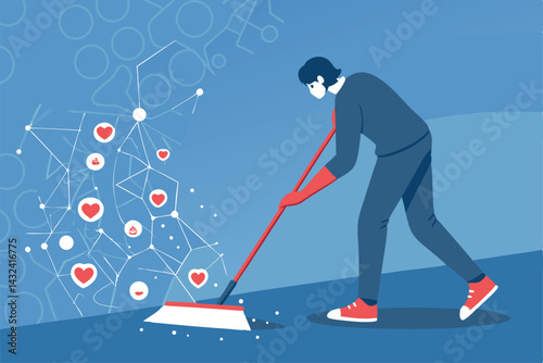 A person uses a broom to sweep away hateful online comments, symbolizing the cleansing of digital spaces from negativity.