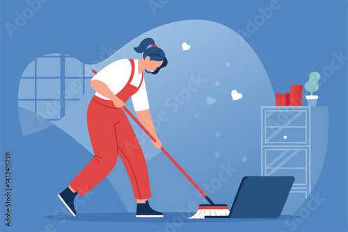A person sweeps away hateful online comments with a broom, symbolizing the cleaning and removal of online toxicity.