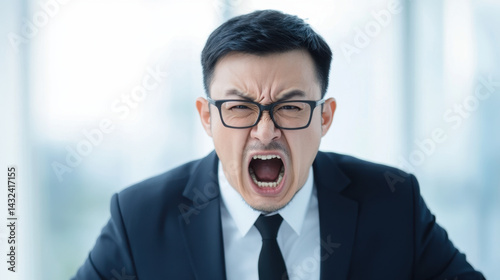 middle aged man in suit expresses anger in office setting, showcasing intense emotions and frustration. His facial expression conveys strong sense of displeasure and urgency