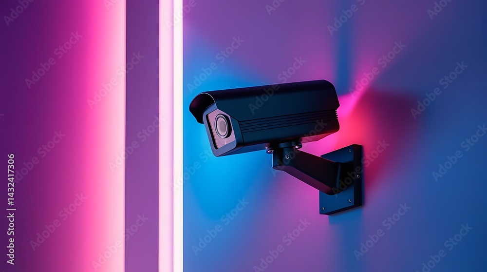 A modern surveillance camera with vibrant lighting mounted on a wall, creating a high-tech, security-focused atmosphere. The sleek design and colorful lighting add a futuristic feel to this security f A modern surveillance camera with vibrant lighting mounted on a wall, creating a high-tech, security-focused atmosphere. The sleek design and colorful lighting add a futuristic feel to this security f