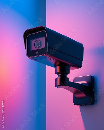 A modern surveillance camera with vibrant lighting mounted on a wall, creating a high-tech, security-focused atmosphere. The sleek design and colorful lighting add a futuristic feel to this security f