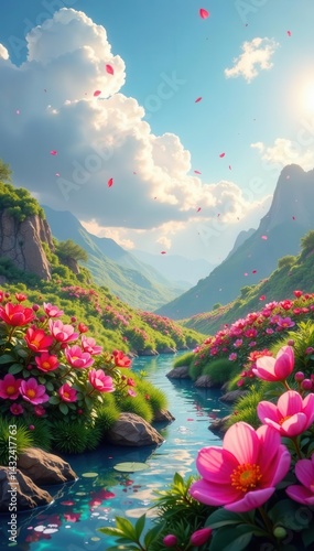 Nectar streams wind through a petal-cloud sky, lush floral landscape , meadow, photography