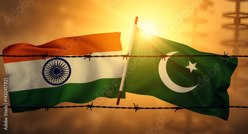 Grunge flags of India and Pakistan divided by barb wire sun haze illustration 
 photo