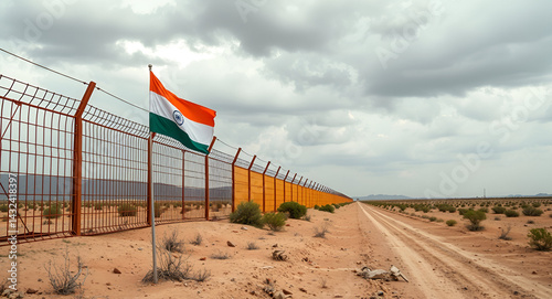 A long border fence stretches into the distance with the Indian flag on one side and the Pakistani flag on the other. Rocky or desert terrain, cloudy sky. No people. Clean and sharp, 16:9 banner.