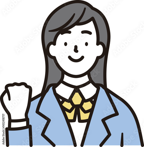 笑顔でガッツポーズをする女子高校生の上半身のシンプルなイラスト素材