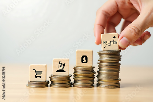 Conceptual Image Illustrating Inflation with Rising Arrow, Shopping Cart Representing Consumer Prices, Oil Barrel Symbolizing Energy Costs, and Dollar Sign Indicating Currency Value on Stacks of Coins