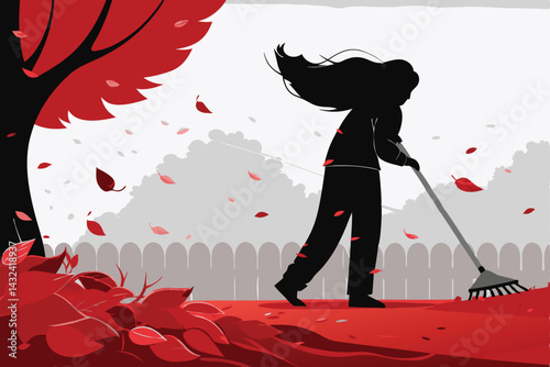 A person with windblown hair energetically sweeps fallen autumn leaves outside on a breezy day.  The scene depicts autumnal chores.