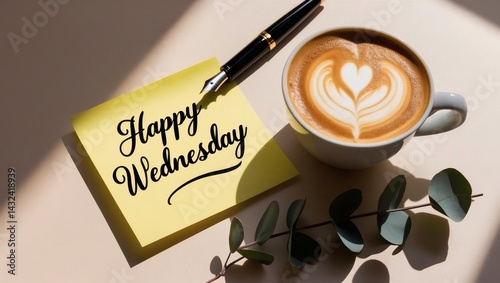 Coffee and Note Wishing Happy Wednesday with Pen and Greenery