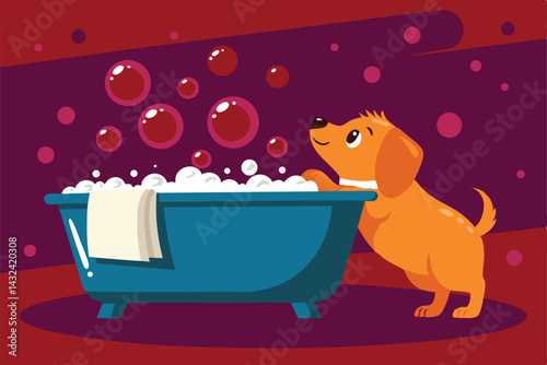A playful pet, possibly a dog or cat, enjoys a bath, with water splashing dynamically everywhere.  Capture the joyful chaos of bath time.