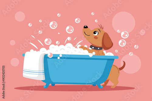 A playful pet, likely a dog, enjoys a bath, with water splashing dynamically.  Capture the joyful chaos and wet fur.
