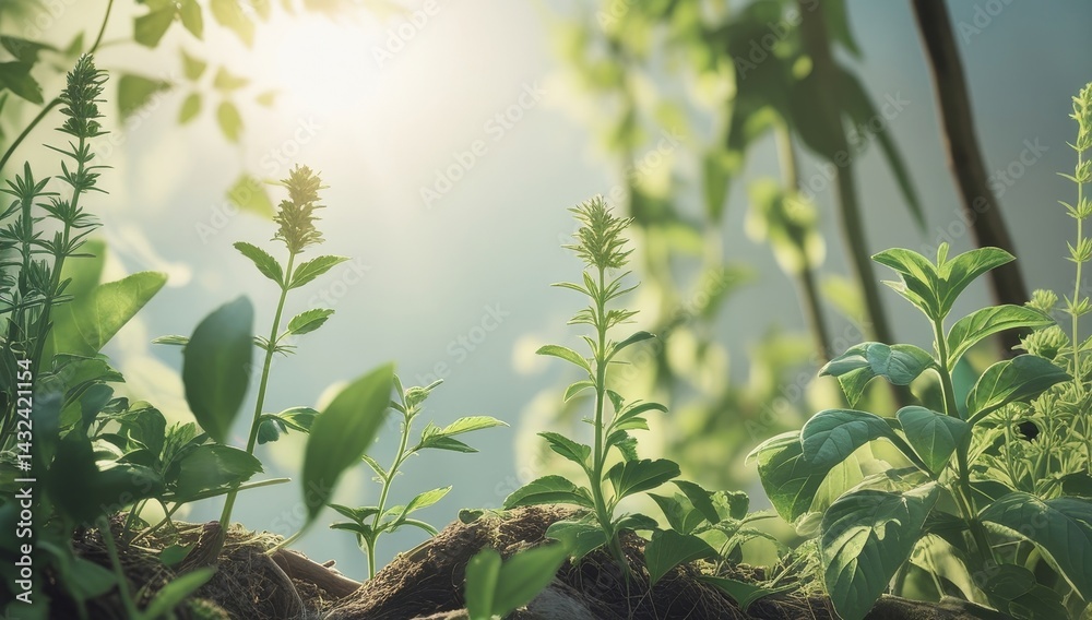 Obraz premium Bright sunlight filters through the spring foliage of green leaves and grass in a vibrant natural scene